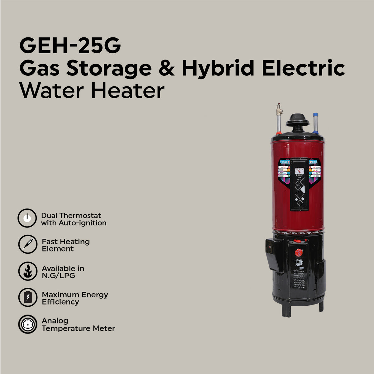 Cherry Hybrid Electric & Gas Water Heater (Auto Ignition)