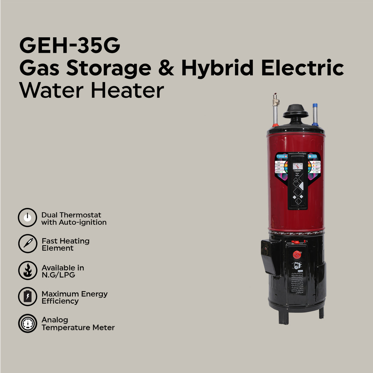 Cherry Hybrid Electric & Gas Water Heater (Auto Ignition)