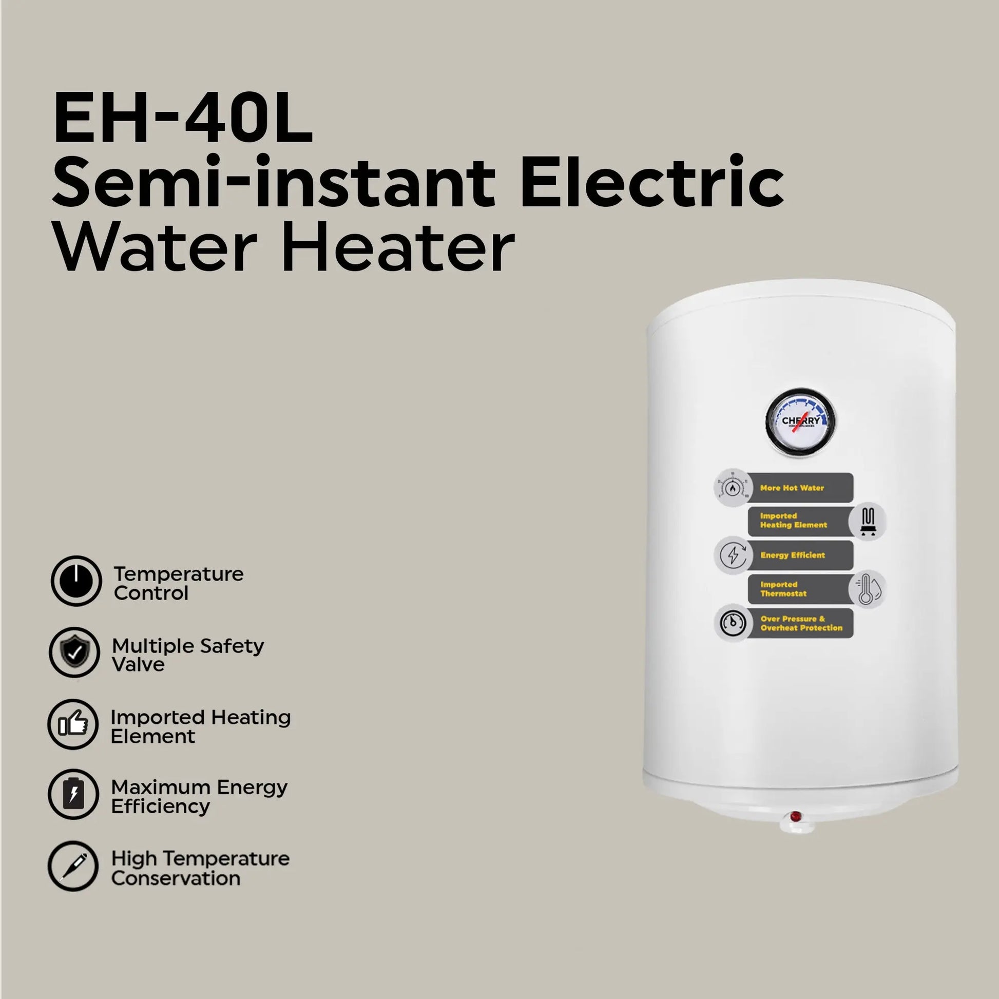 Semi Instant Electric Water Heater – EH 40 Litres Body Size – Smart Electric Geyser Cherry Home Appliances