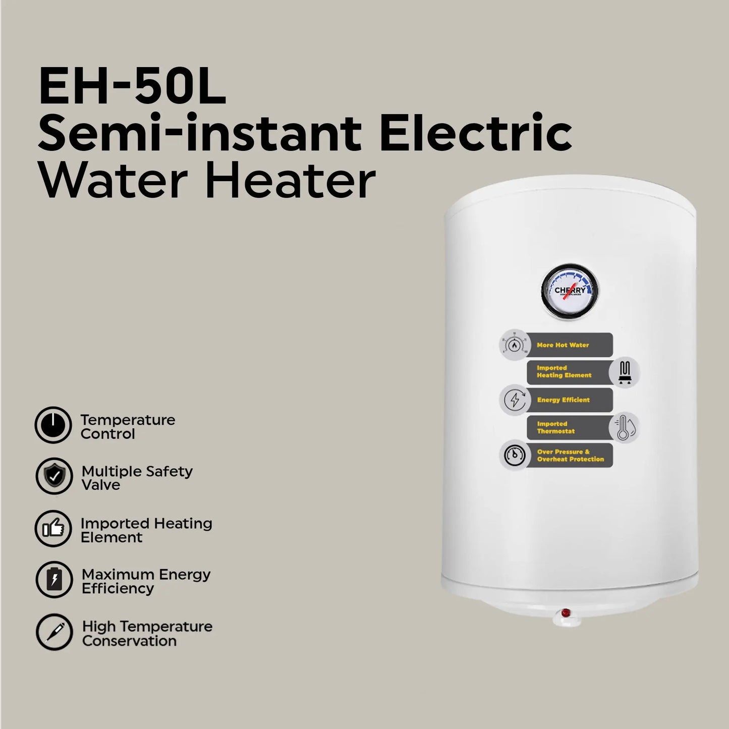 Semi Instant Electric Water Heater – EH 50 Litres Body Size – Smart Electric Geyser Cherry Home Appliances
