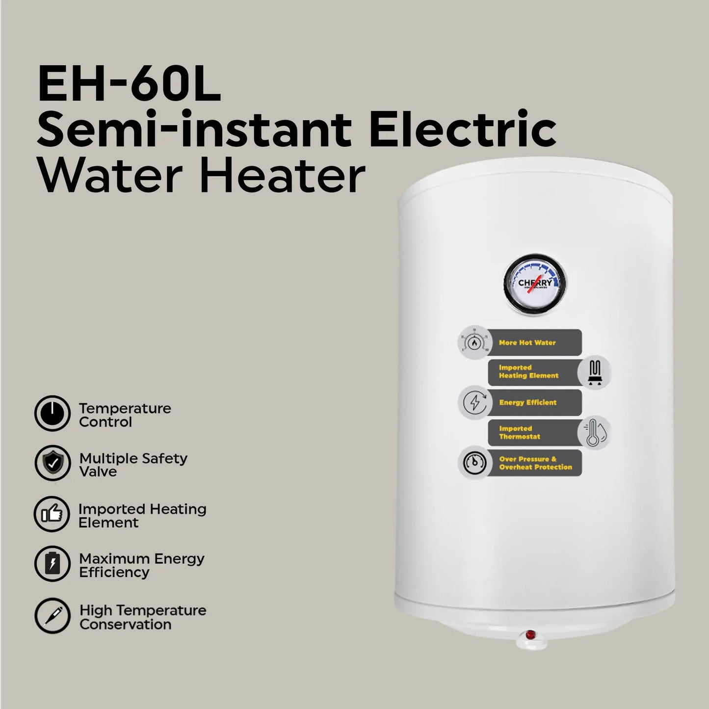 Semi Instant Electric Water Heater – EH 60 Litres Body Size – Smart Electric Geyser Cherry Home Appliances