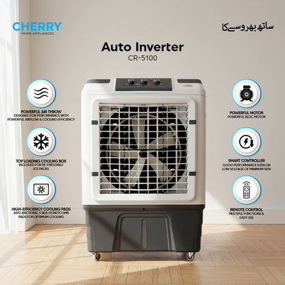 Cherry CR-5100 Auto Inverter Jumbo with Remote Control Air Cooler – Pure Copper BLDC Motor | Solar Compatible | Low Speed Voltage (30W)