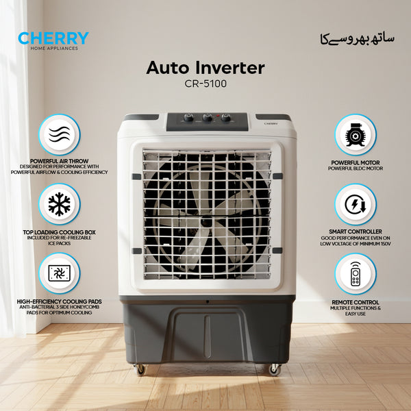 Cherry CR-5100 Auto Inverter Jumbo with Remote Control Air Cooler – Pure Copper BLDC Motor | Solar Compatible | Low Speed Voltage (30W)