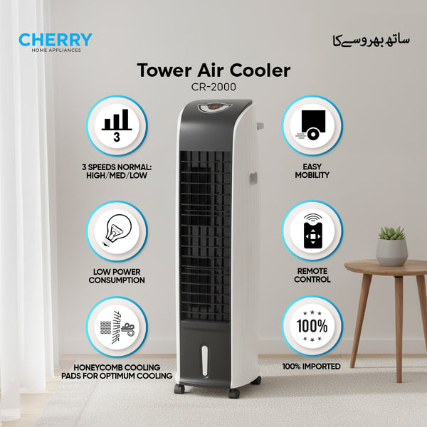 Cherry CR-2000 Tower Air Cooler with Remote Control, 3 Speed Fan, 24Hr Timer, Honeycomb Cooling Pads, Low Power Energy Saving Portable Air Cooler