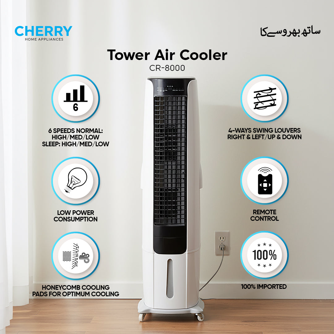 Cherry CR-8000 Tower Air Cooler – Solar Compatible, Low Power Energy Saving, Remote Control & Touch Panel, 6 Speed Silent Fan, Portable AC Cooler