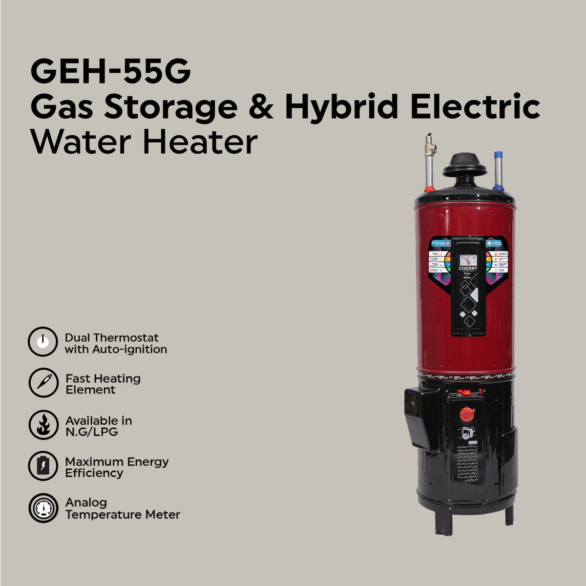 Cherry Hybrid Electric & Gas Water Heater (Auto Ignition)