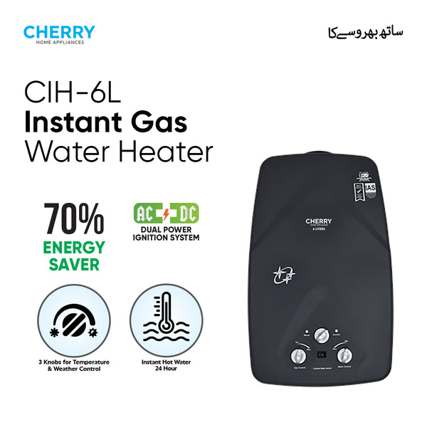 Instant Gas Water Heater 6 Liters – Dual Ignition (Battery + Adapter), Pure Copper Heat Chamber – LPG & Natural Gas