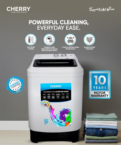 Cherry CW-410 10KG EZ Tray Semi Automatic Washing Machine – Shower Wash, Double Storm Pulsator, Energy Saving Motor (10 Years Warranty)