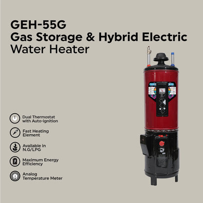 Water Heater GEH-55 Gallon Hybrid Electric + Gas Auto Ignition Cherry Home Appliances