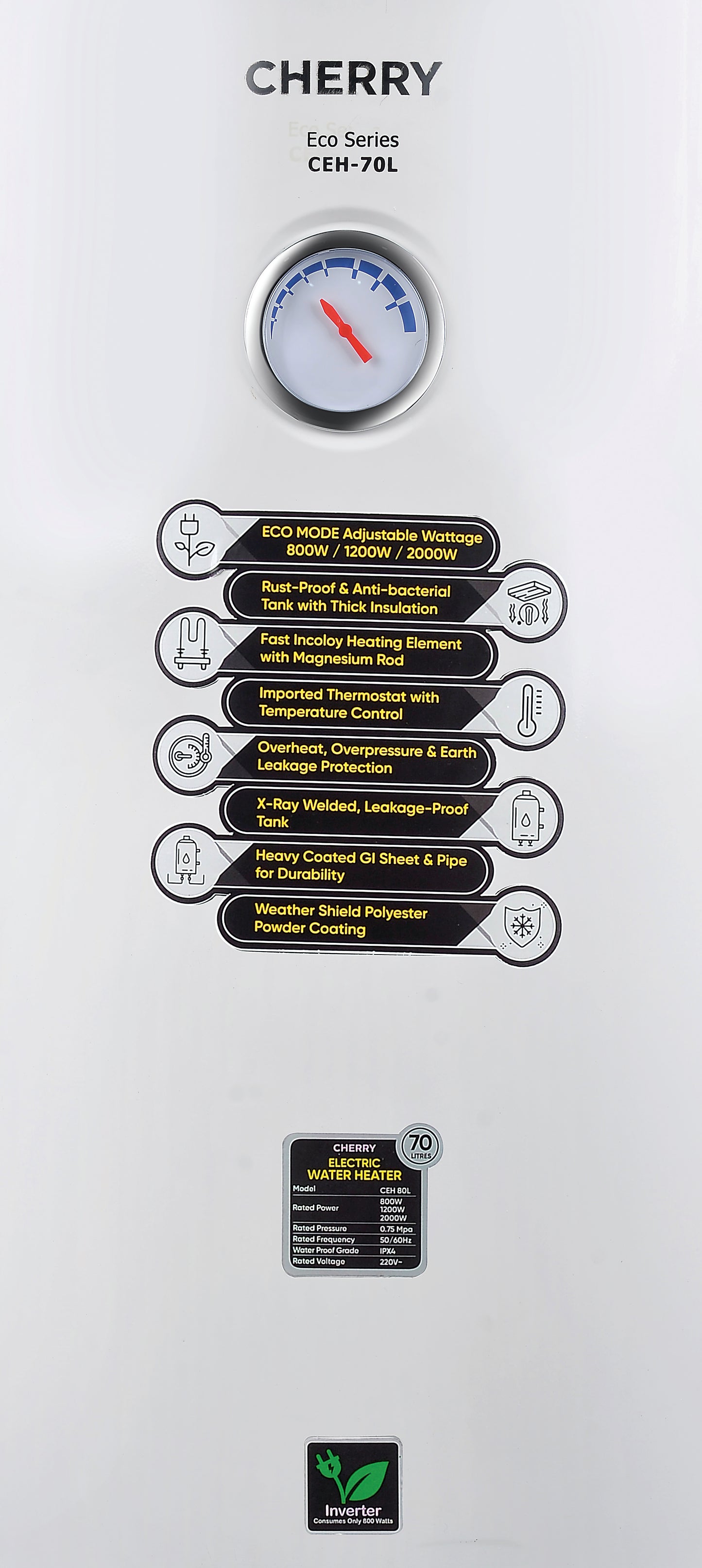 Cherry CEH-70L Water Heater | 70 Liter Inverter Geyser with Watts Control